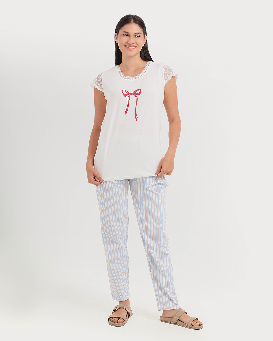 Pajama women's pants and dentures are worn