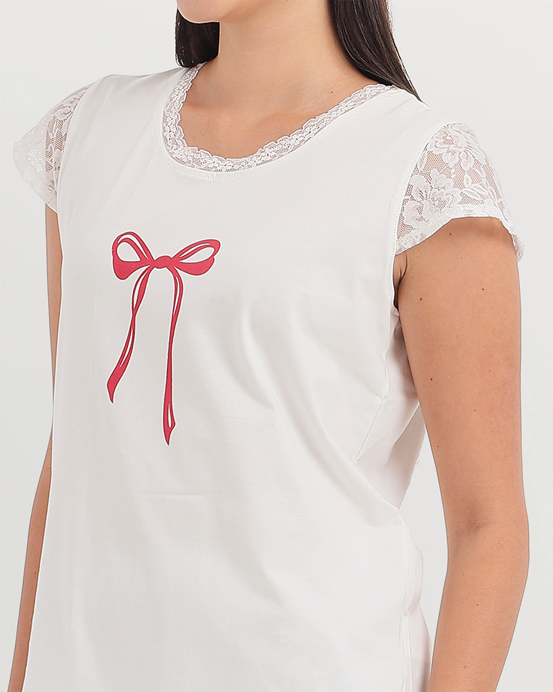 Pajama women's pants and dentures are worn