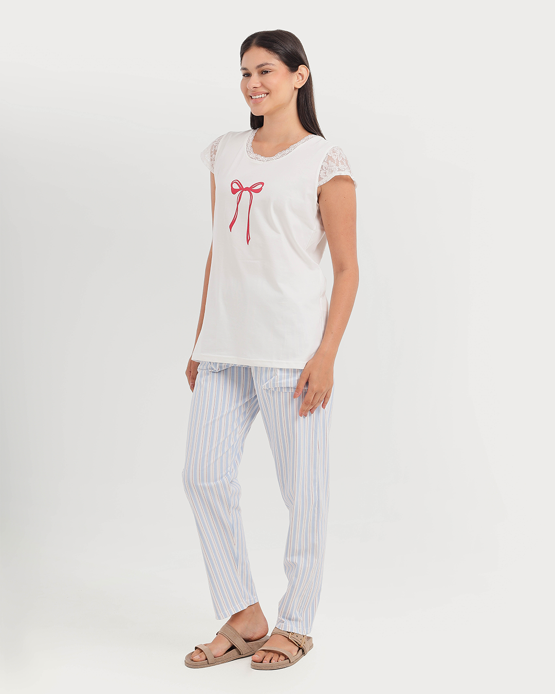 Pajama women's pants and dentures are worn