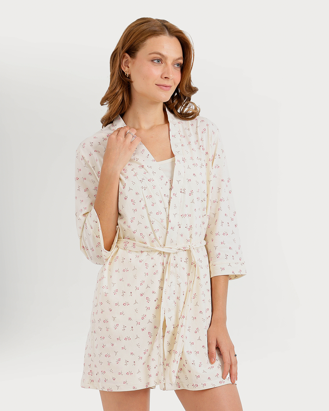 Women's 3-piece camisole, shorts, and printed robe pajamas