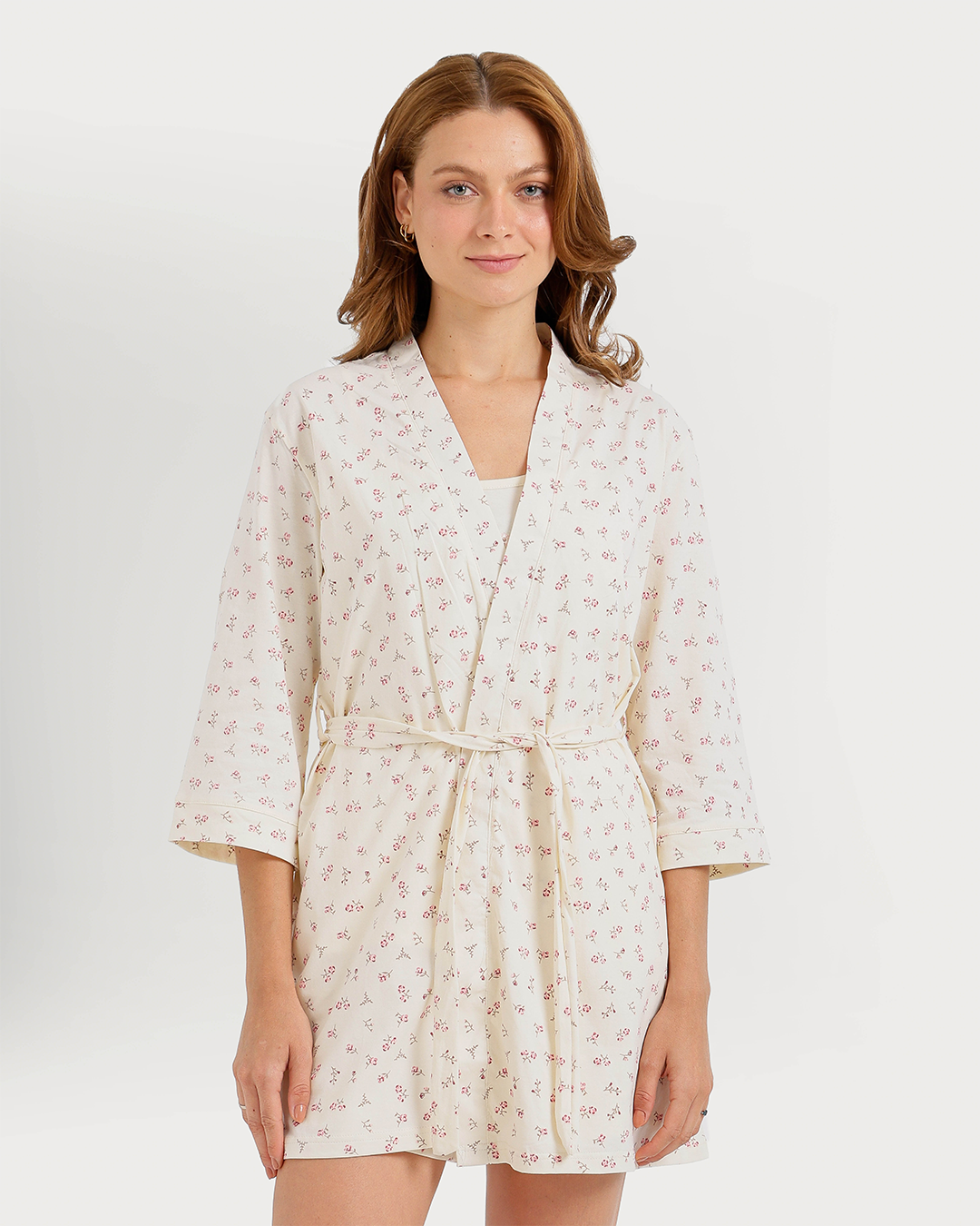 Women's 3-piece camisole, shorts, and printed robe pajamas
