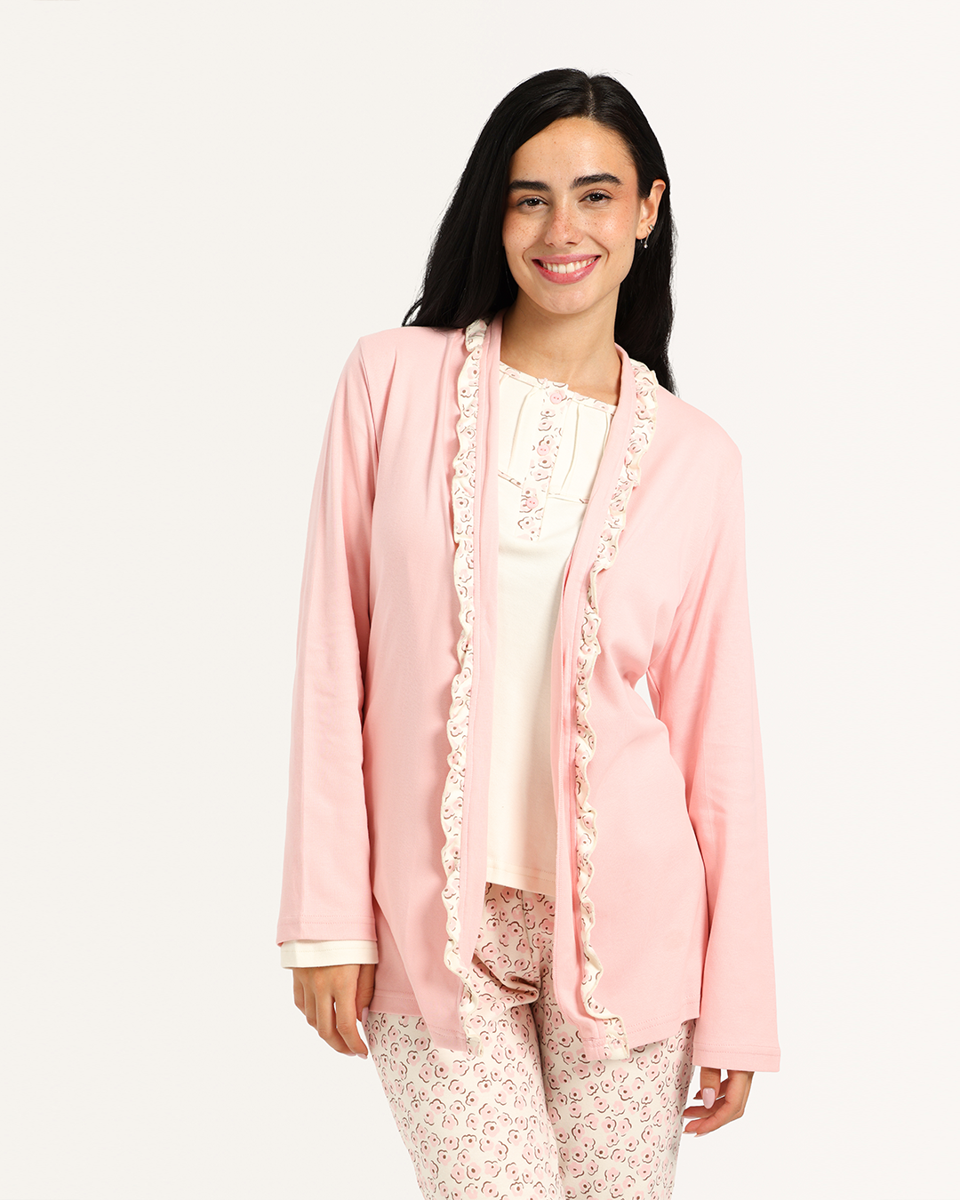 بيجاما حريمى كم 3ق بنطلون مع روب قصير ورد