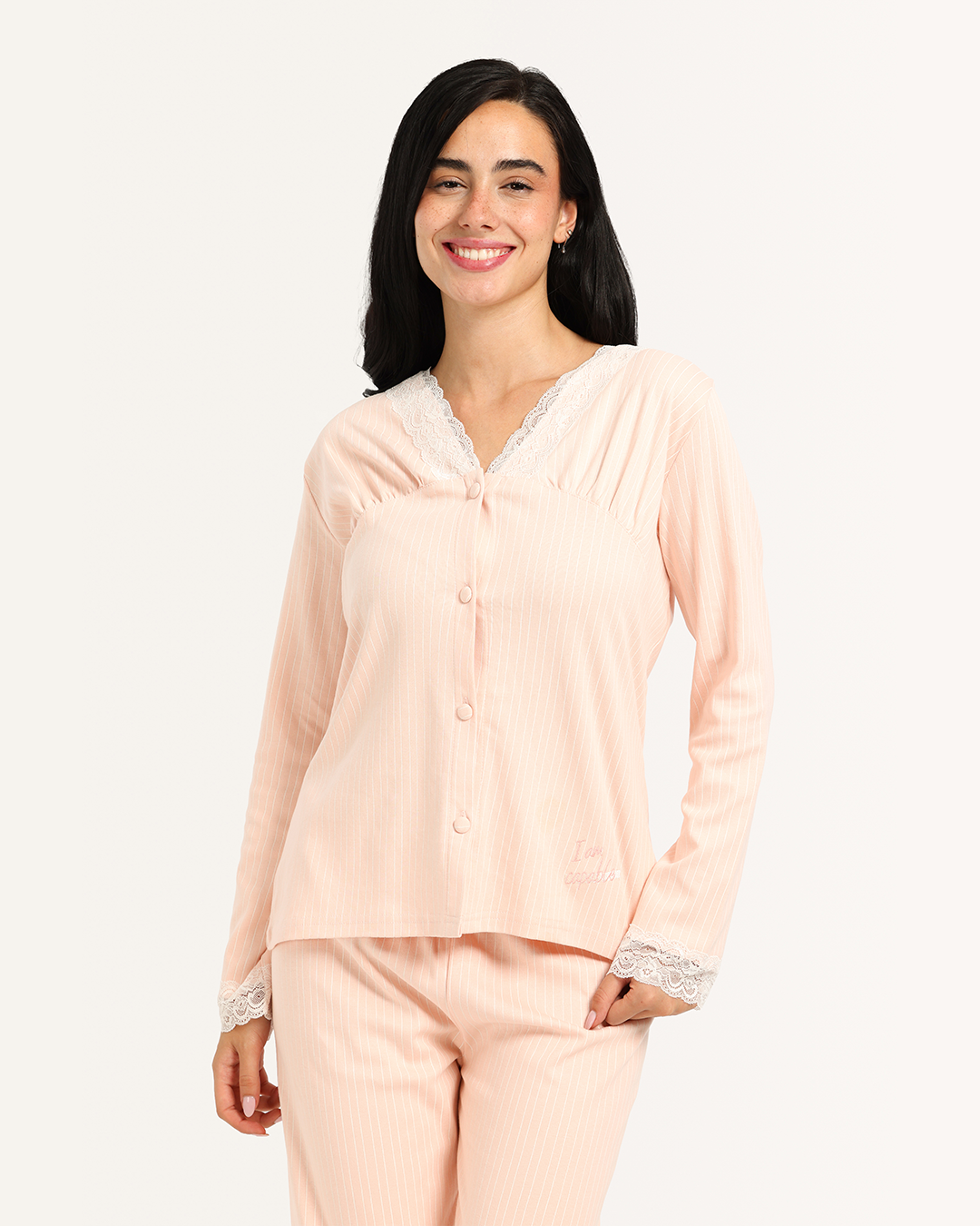 بيجاما حريمى كم بنطلون مقلم دانتيل