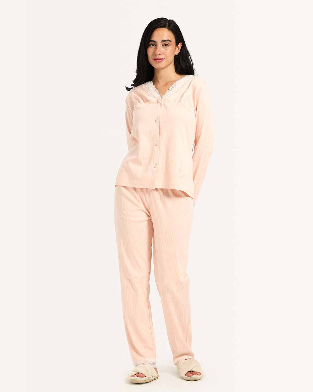 بيجاما حريمى كم بنطلون مقلم دانتيل