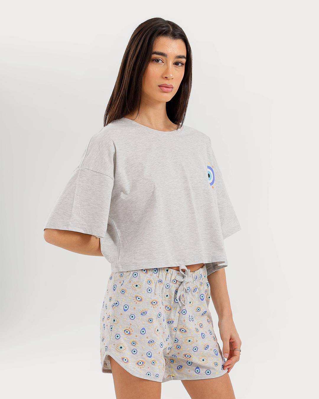Oversized pajamas and short shades for women with blue eyes