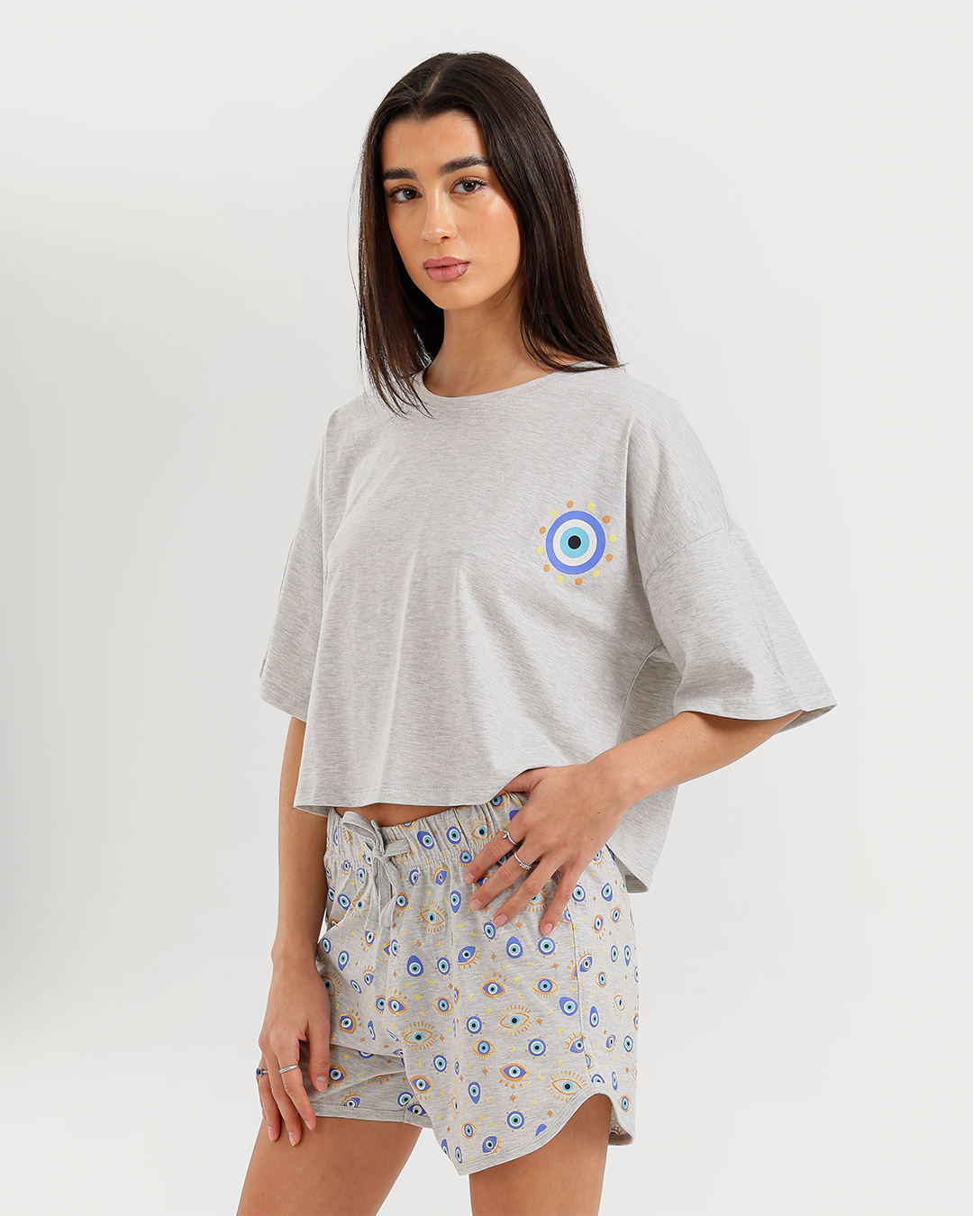 Oversized pajamas and short shades for women with blue eyes