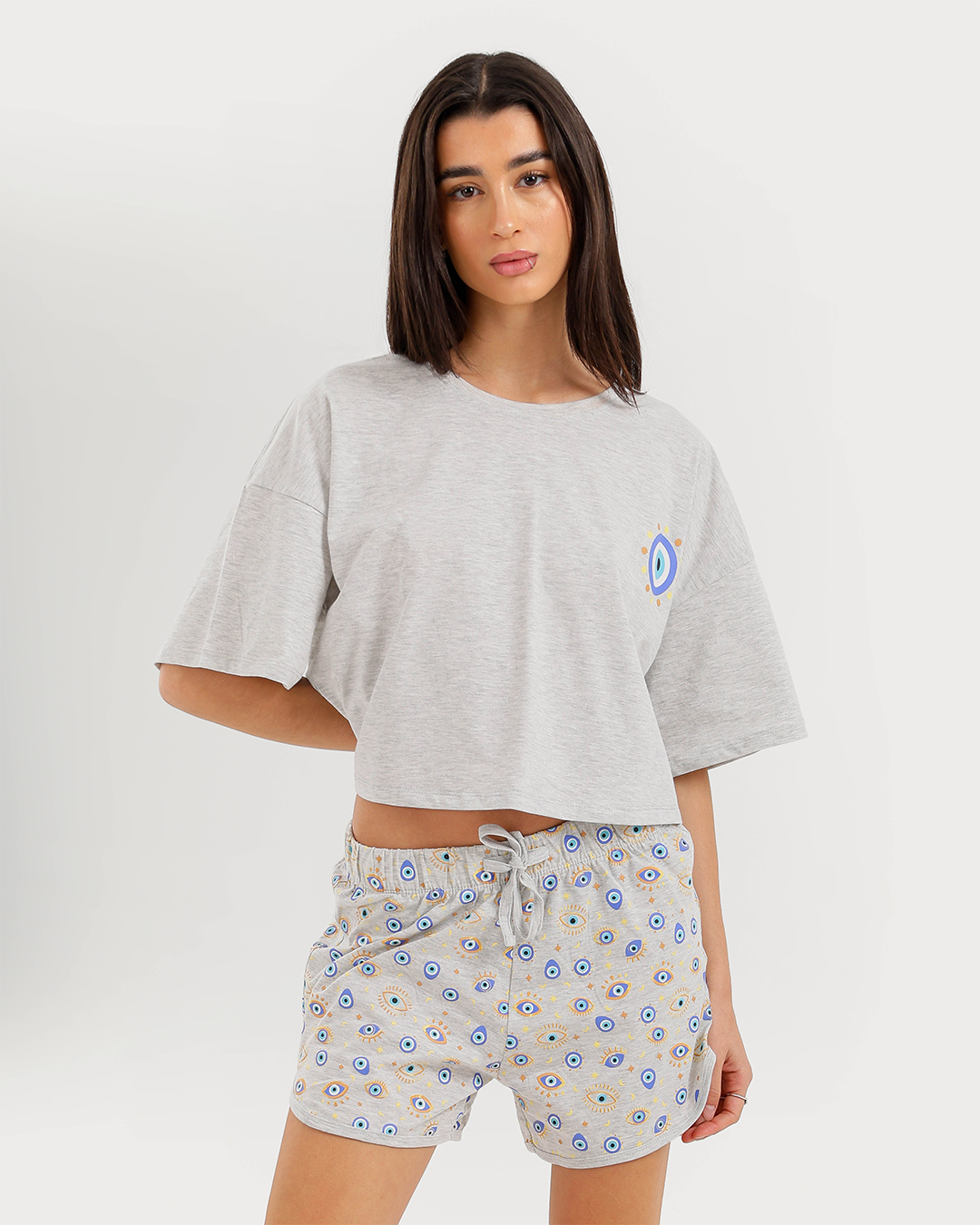 Oversized pajamas and short shades for women with blue eyes