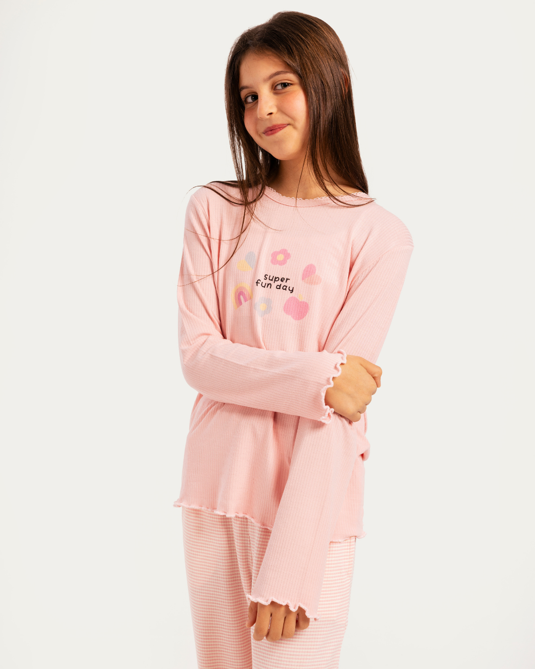 بيجاما بناتي كم طويل قوس قزح و قلوب