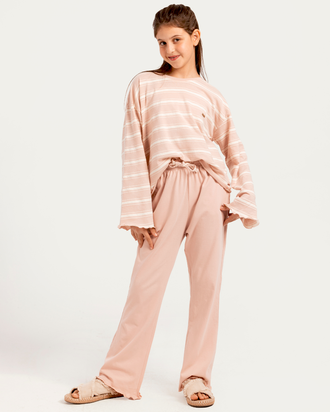بيجاما بناتي جونيور بكم طويل واسع و بنطلون ساده