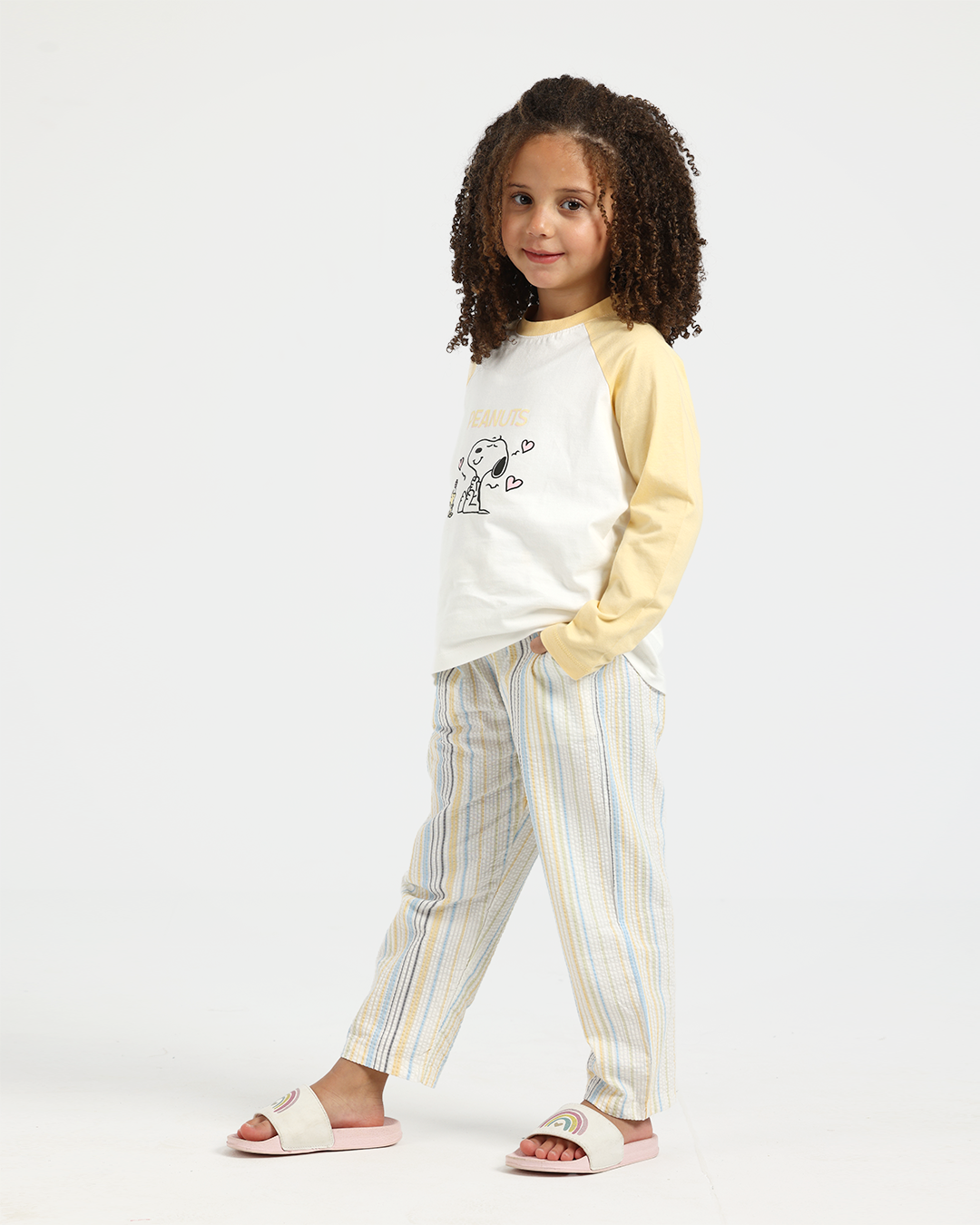 بيجاما بناتي اطفالي بكم و بنطلون خطوط باللوان الربيع