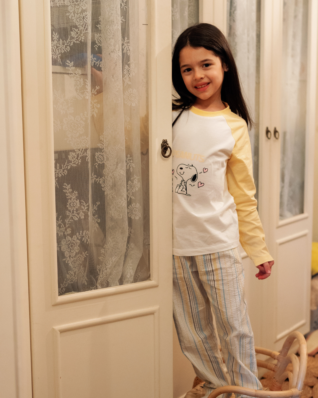 بيجاما بناتي اطفالي بكم و بنطلون خطوط باللوان الربيع