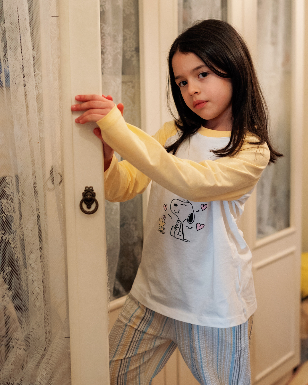 بيجاما بناتي اطفالي بكم و بنطلون خطوط باللوان الربيع