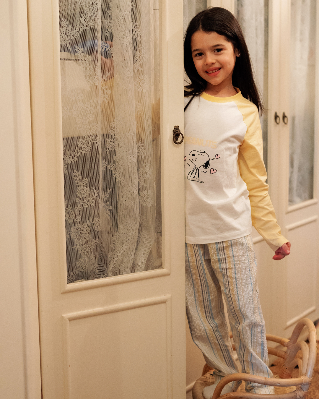 بيجاما بناتي اطفالي بكم و بنطلون خطوط باللوان الربيع