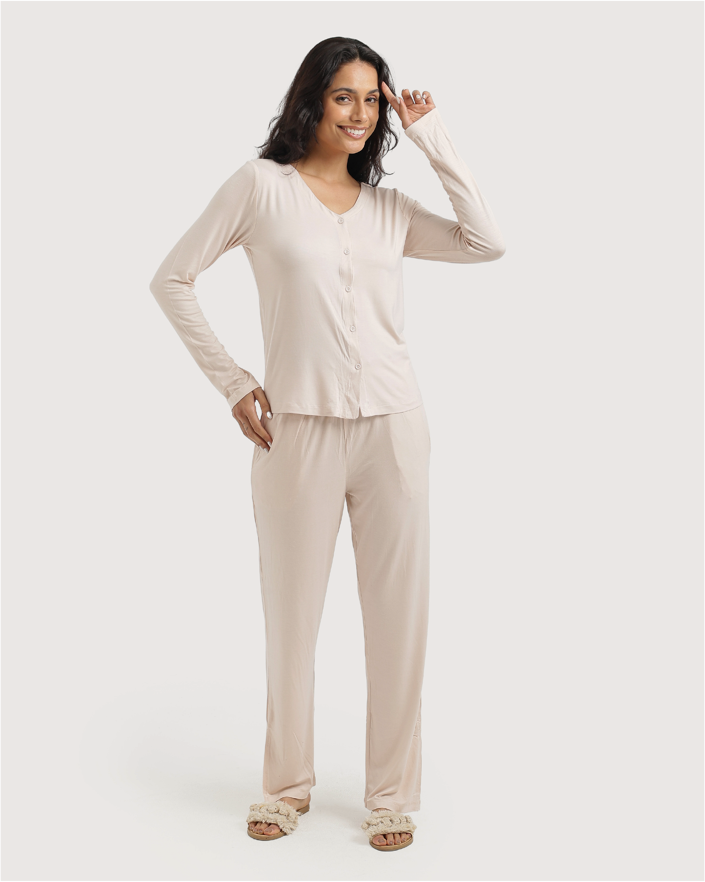 Buttoned pant pajamas in viscose lycra, summer breeze