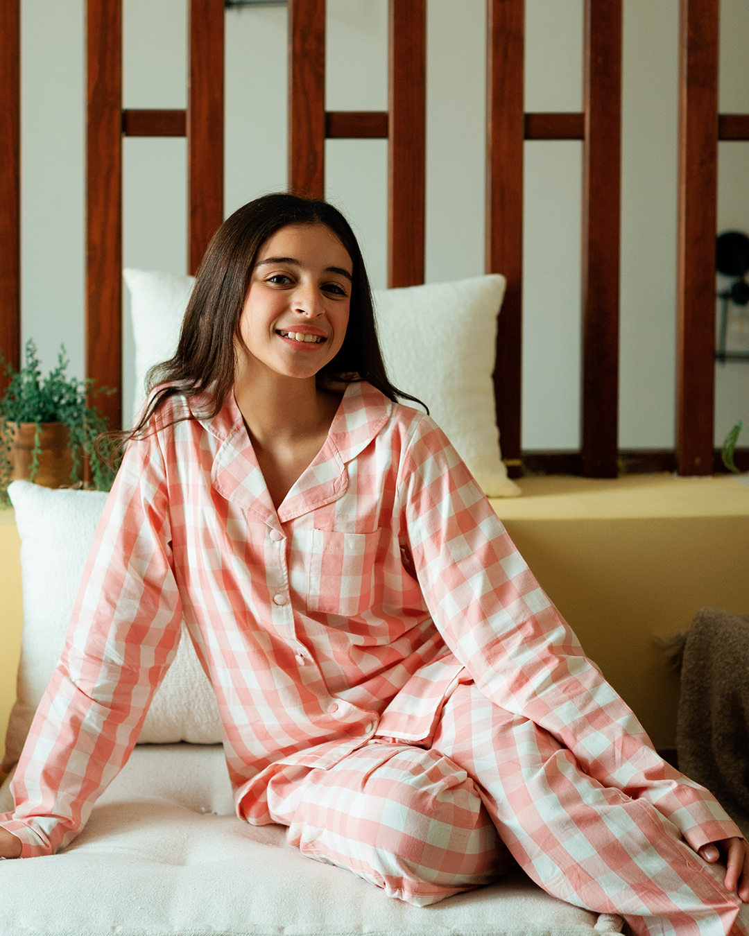 بيجاما بناتي بزراير كاروهات الربيع