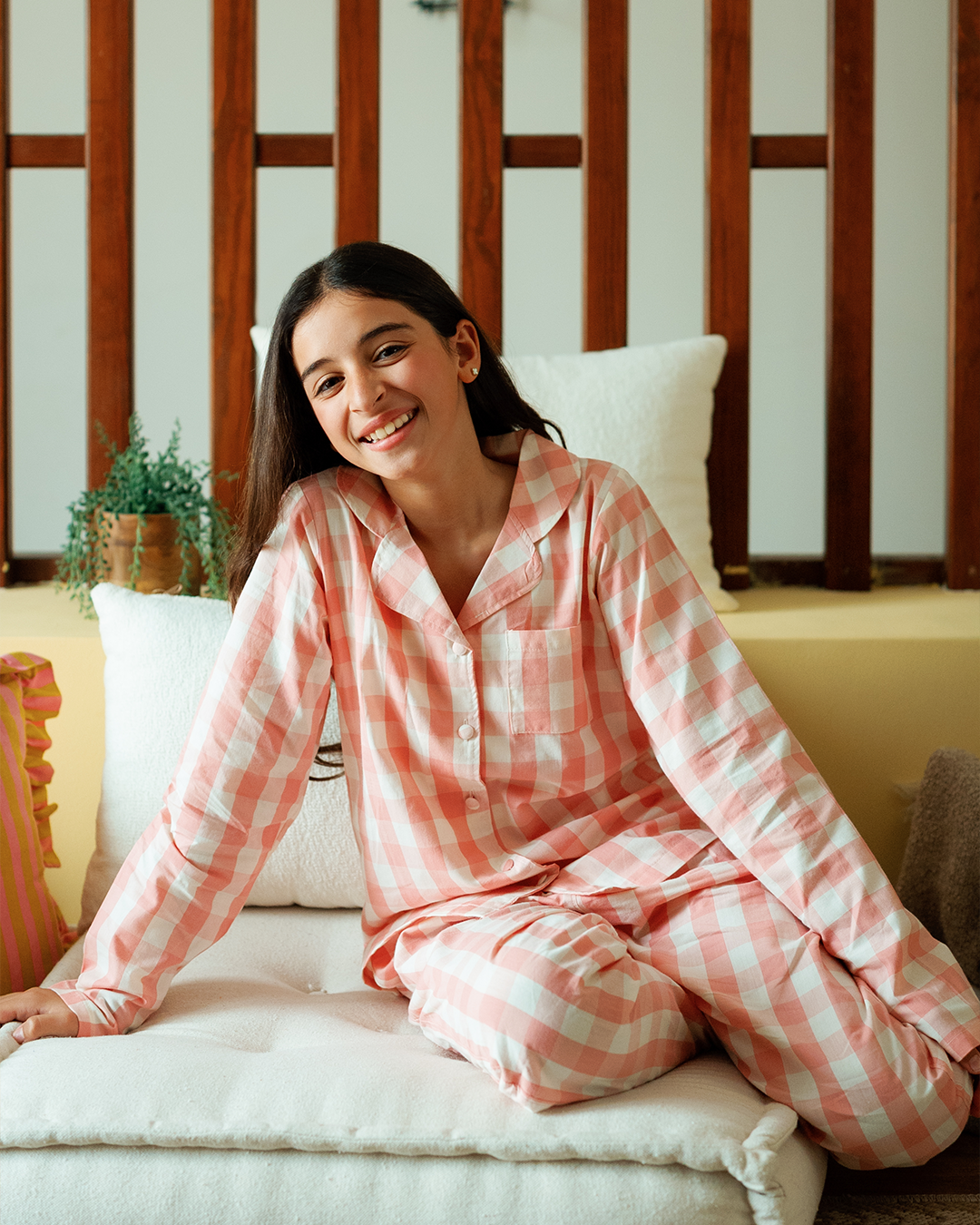 بيجاما بناتي بزراير كاروهات الربيع