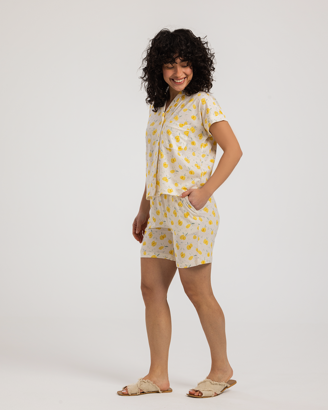 Cute lemon women's button-up pajamas