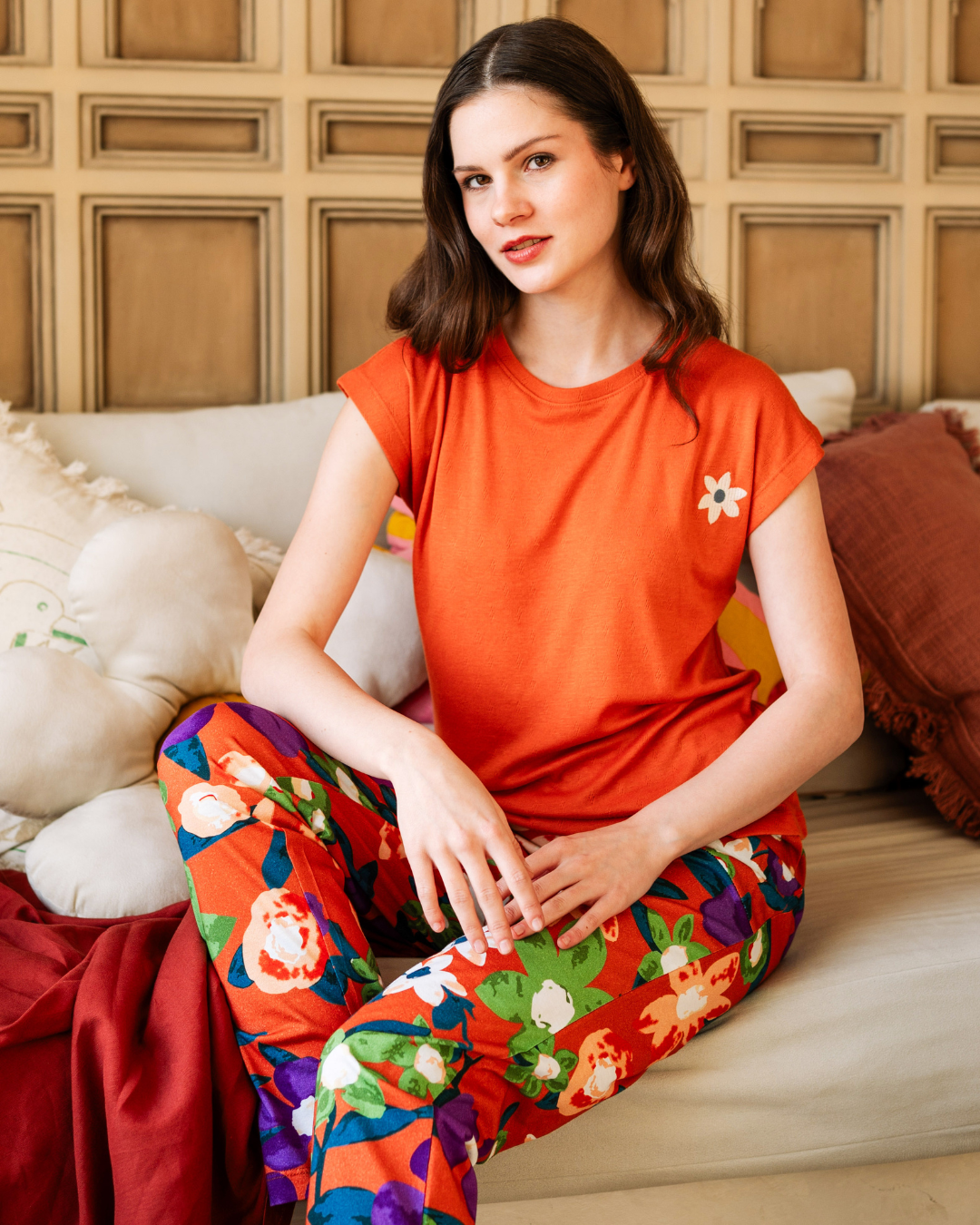 بيجاما نص كم بطبعة الورود البنفسجية