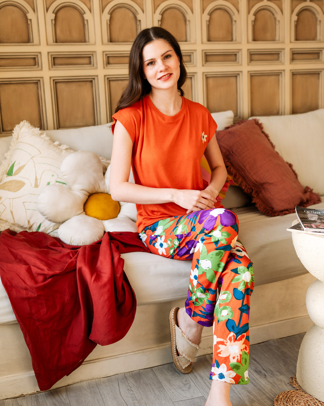 بيجاما نص كم بطبعة الورود البنفسجية