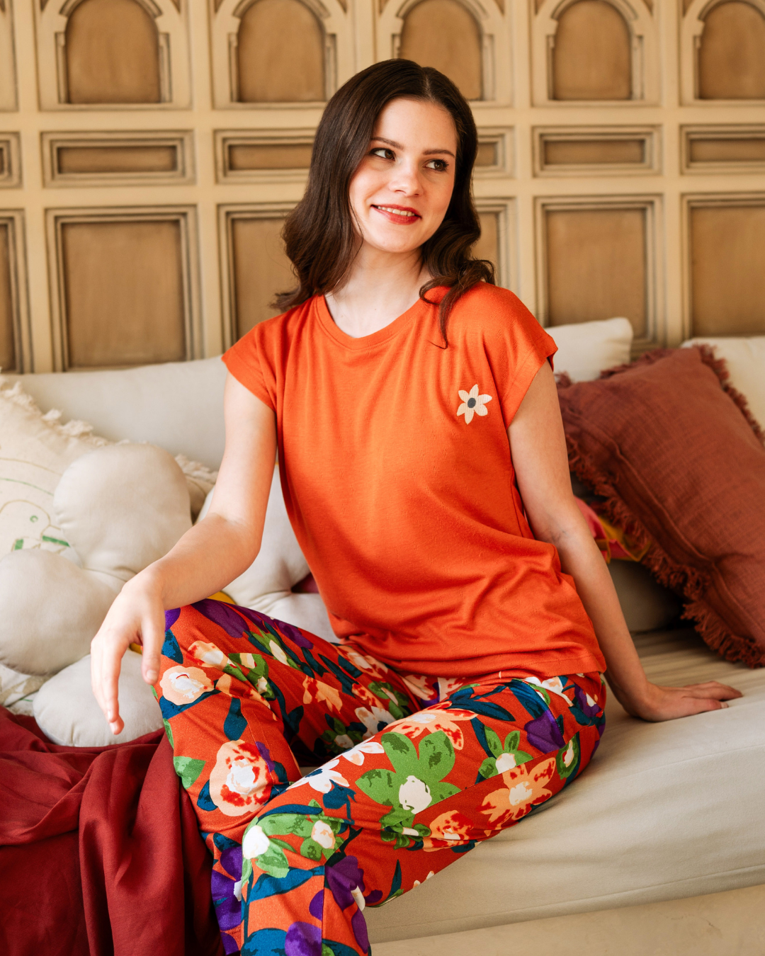 بيجاما نص كم بطبعة الورود البنفسجية