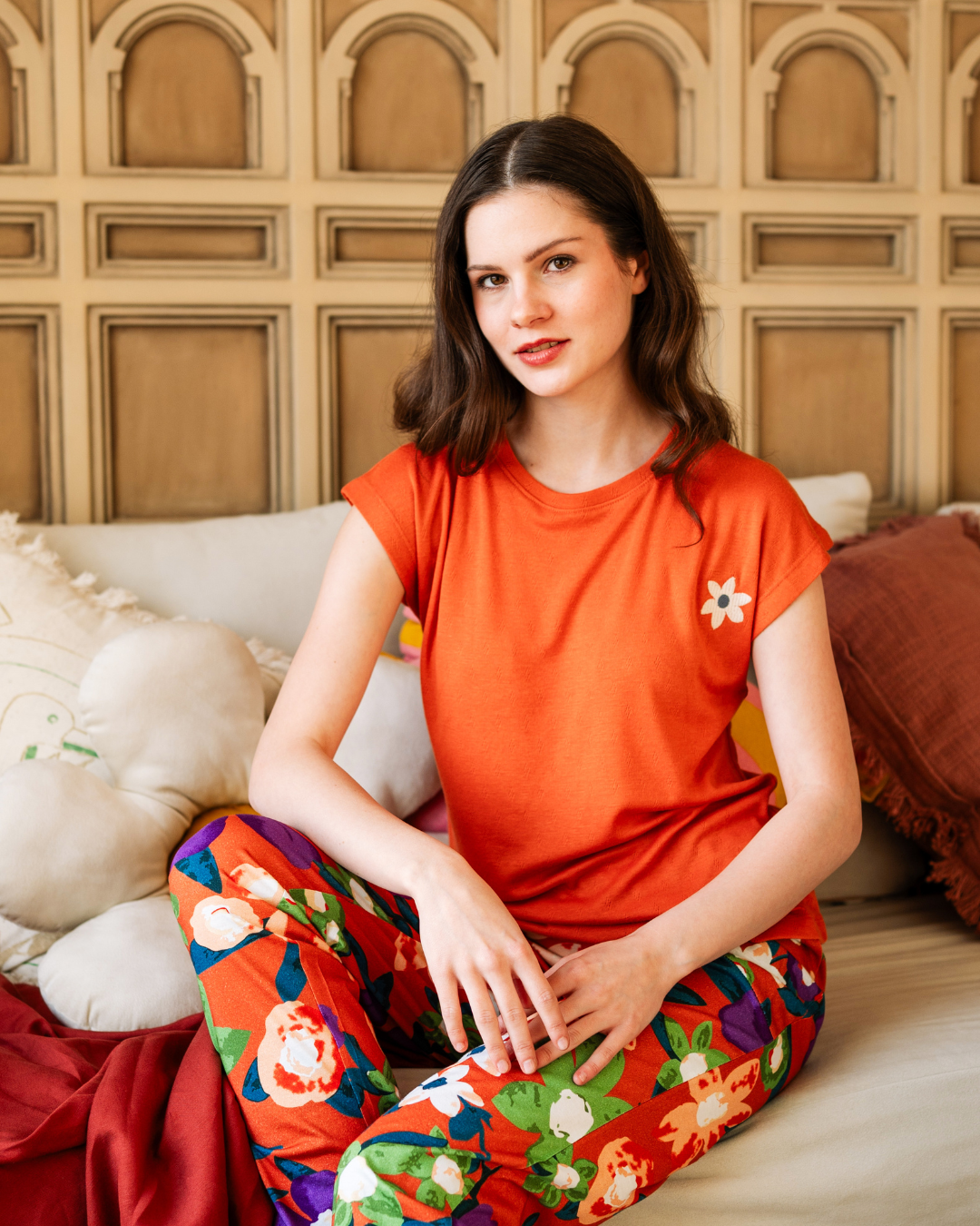 بيجاما نص كم بطبعة الورود البنفسجية