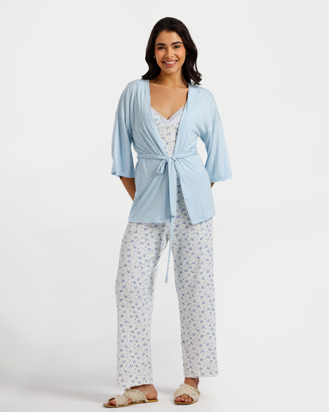 بيجاما بنطلون 3 قطع فسكوز ليكرا, ورود زرقاء
