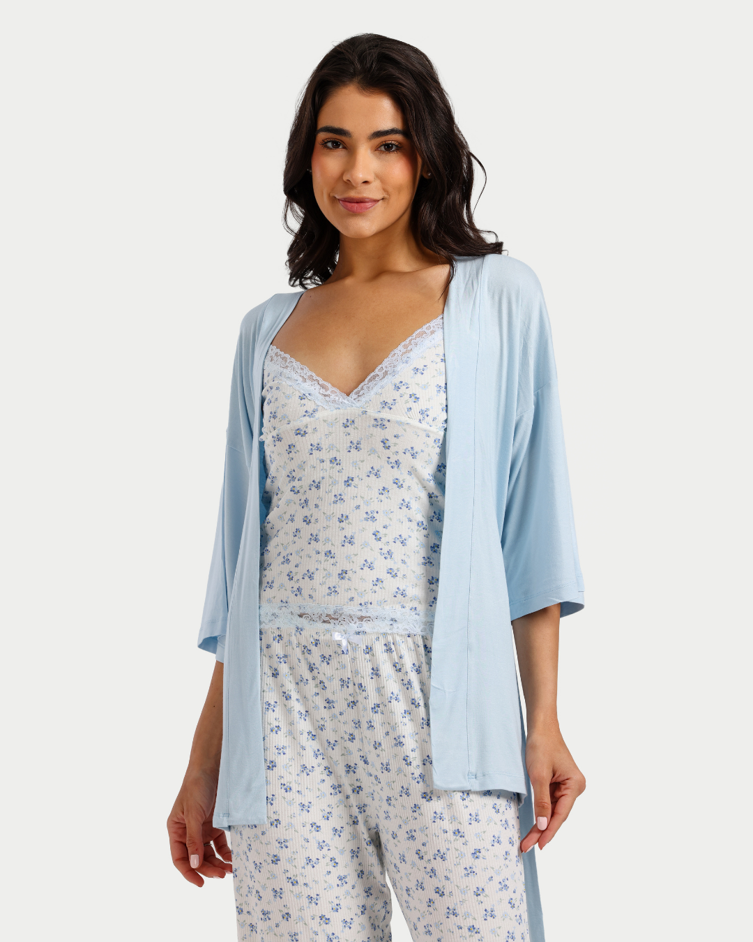 بيجاما بنطلون 3 قطع فسكوز ليكرا, ورود زرقاء