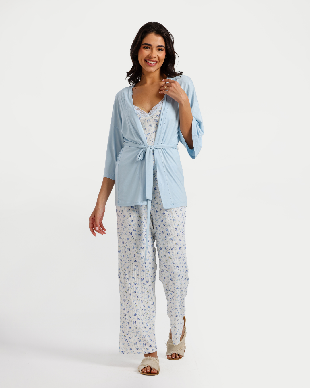 بيجاما بنطلون 3 قطع فسكوز ليكرا, ورود زرقاء