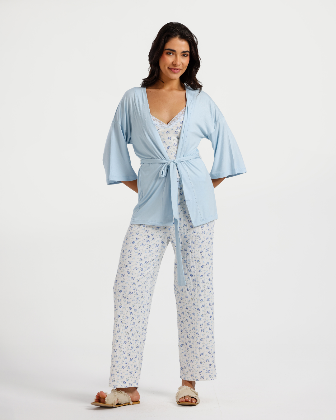 بيجاما بنطلون 3 قطع فسكوز ليكرا, ورود زرقاء