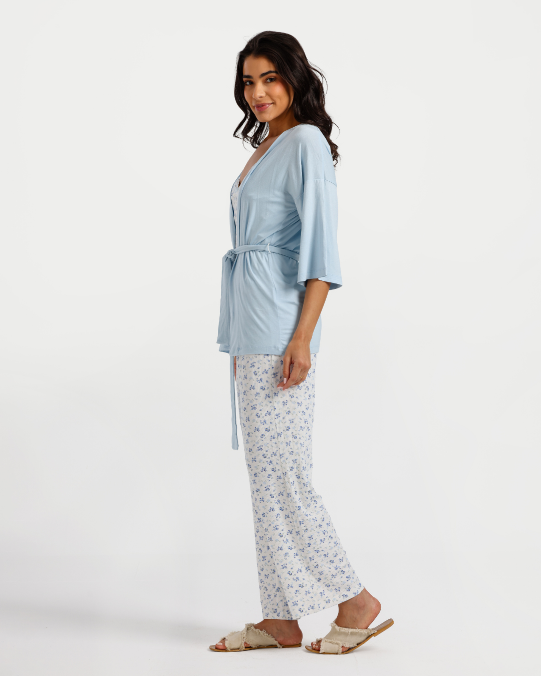 بيجاما بنطلون 3 قطع فسكوز ليكرا, ورود زرقاء