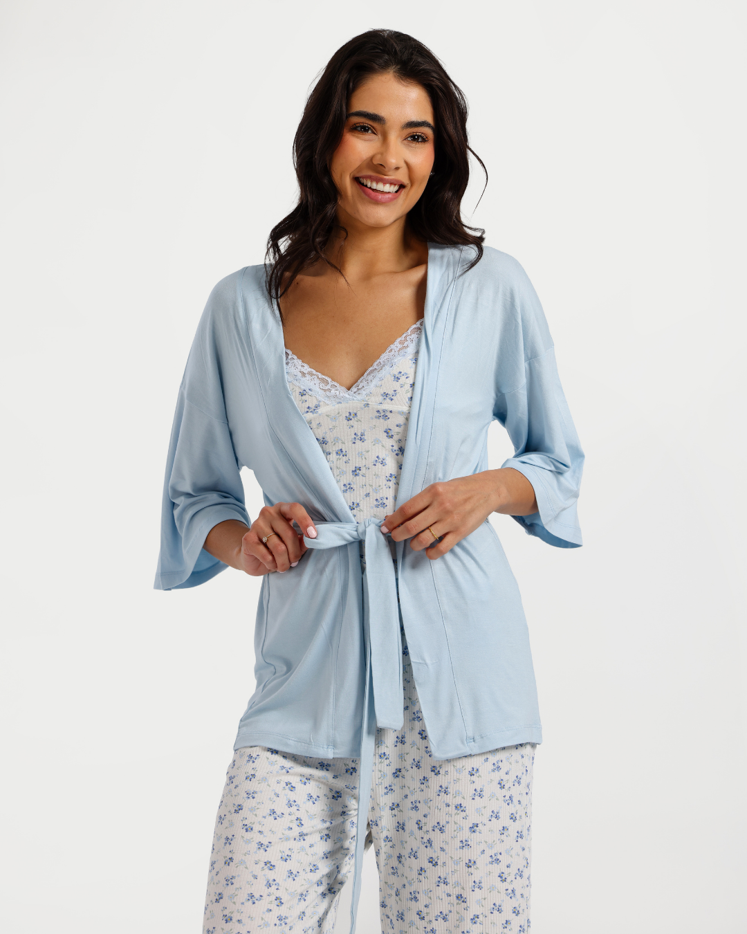 بيجاما بنطلون 3 قطع فسكوز ليكرا, ورود زرقاء