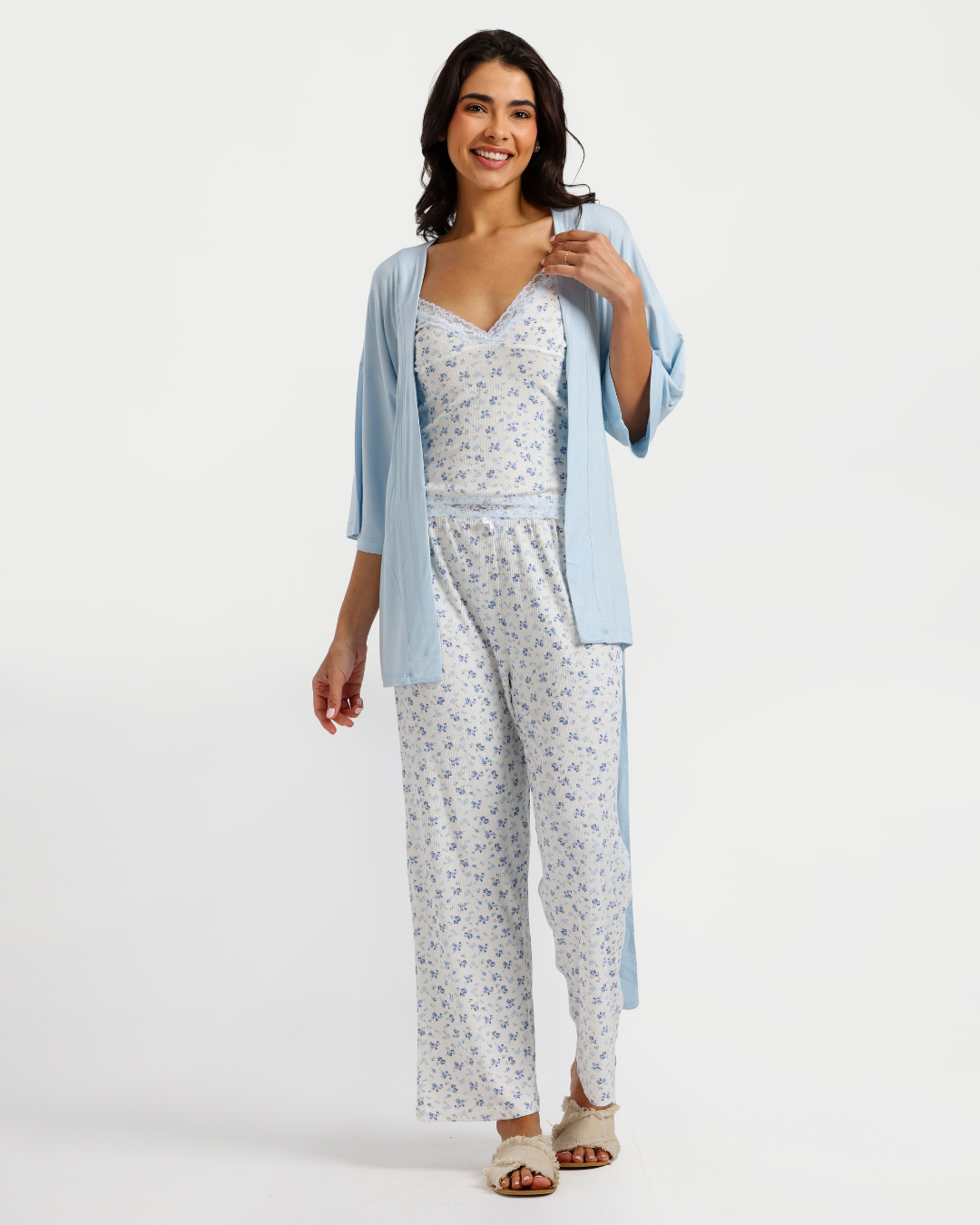 بيجاما بنطلون 3 قطع فسكوز ليكرا, ورود زرقاء