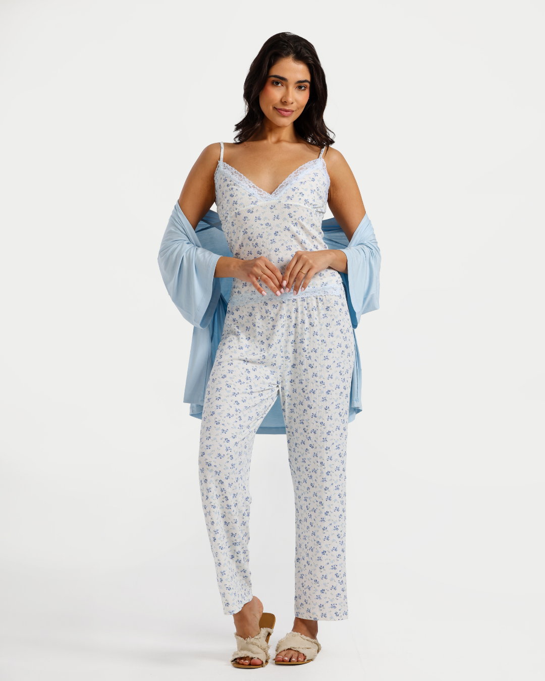 بيجاما بنطلون 3 قطع فسكوز ليكرا, ورود زرقاء
