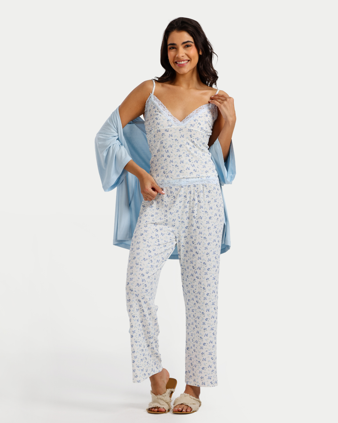 بيجاما بنطلون 3 قطع فسكوز ليكرا, ورود زرقاء