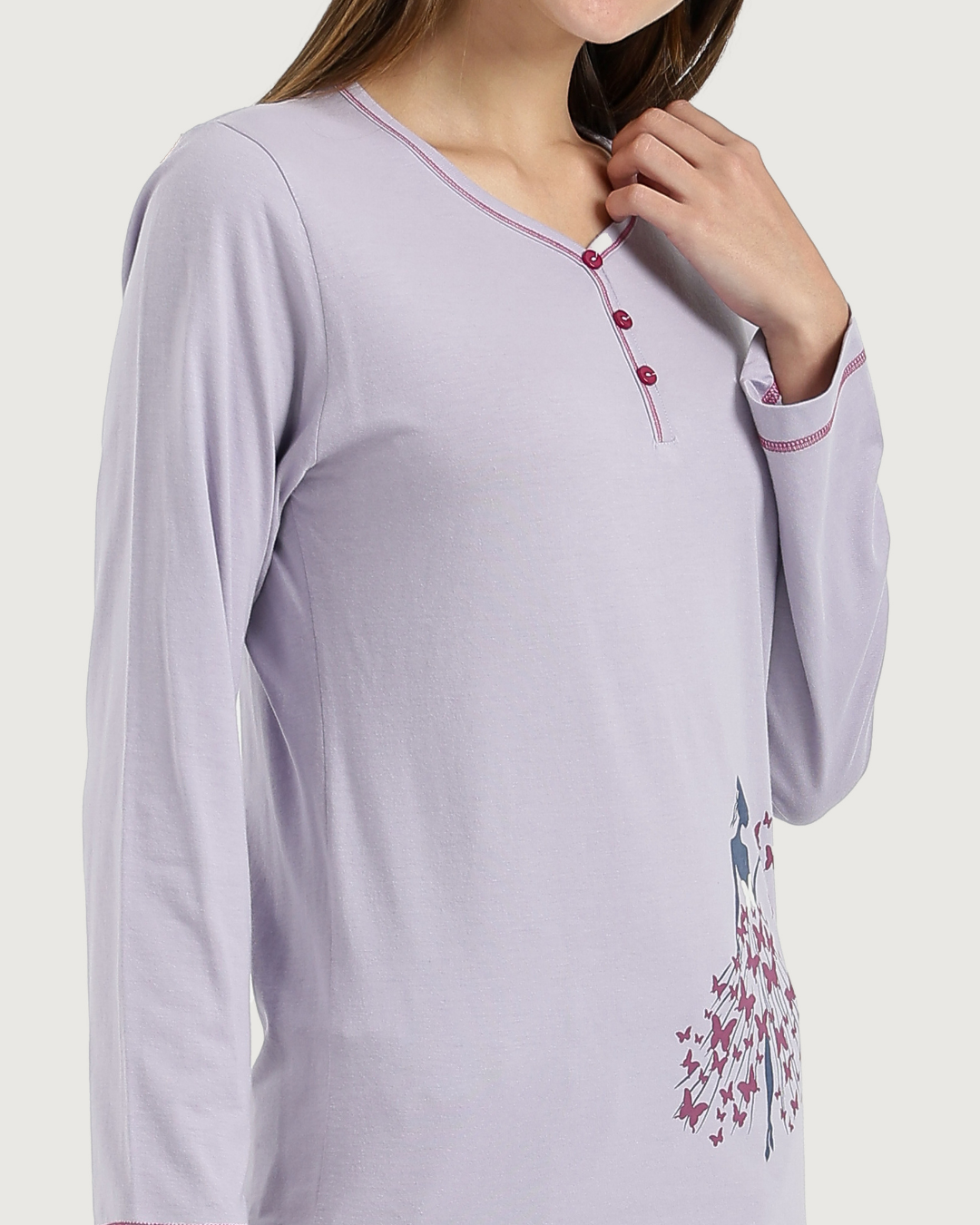 Women's Long Sleeve Pajamas with Print and Checkered Fabric Pants