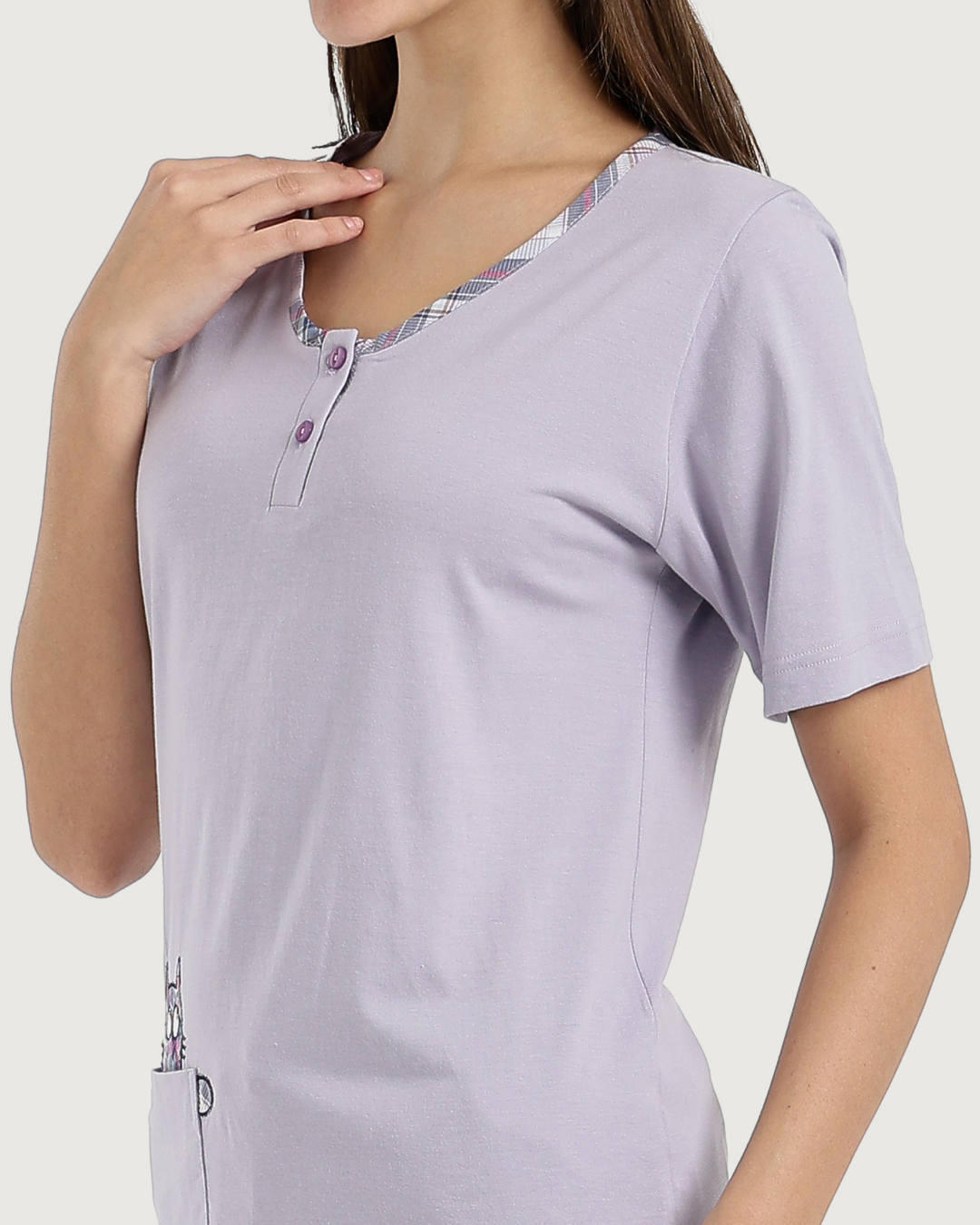 Women's half-sleeved pajamas with embroidery and fabric trousers