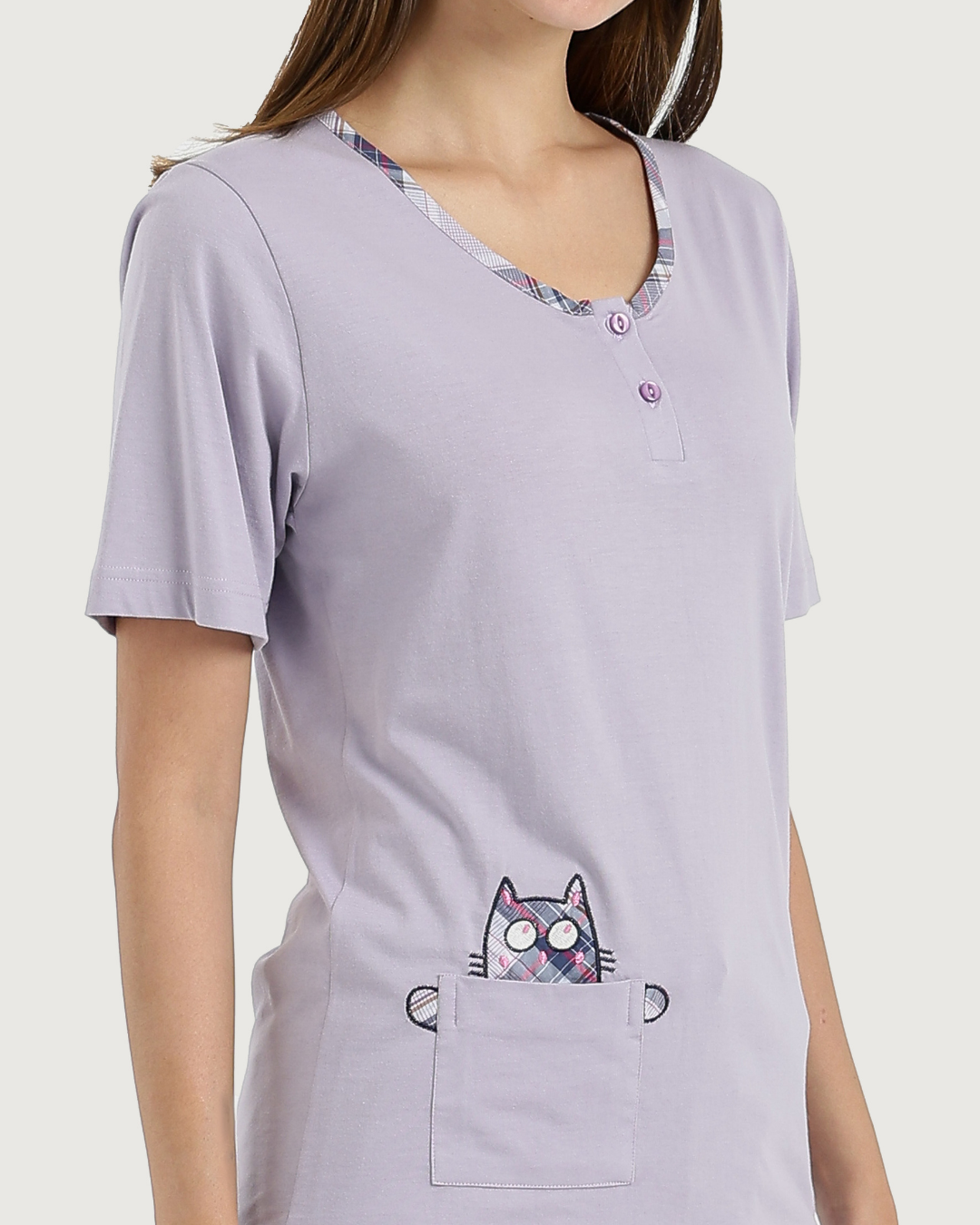 Women's half-sleeved pajamas with embroidery and fabric trousers