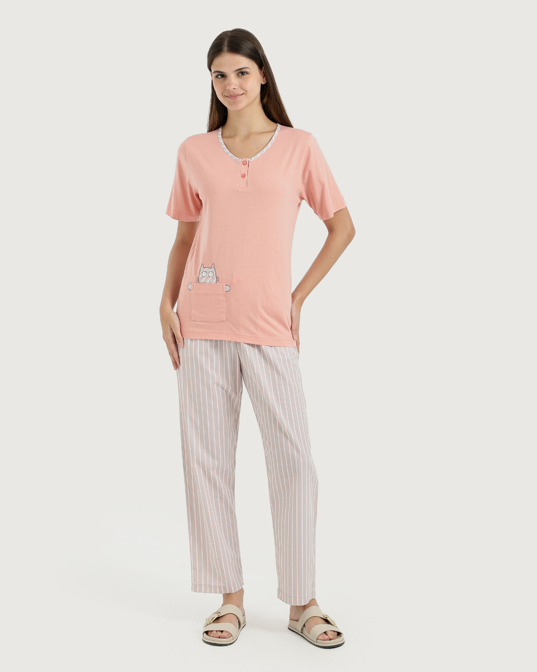 Women's half-sleeved pajamas with embroidery and fabric trousers