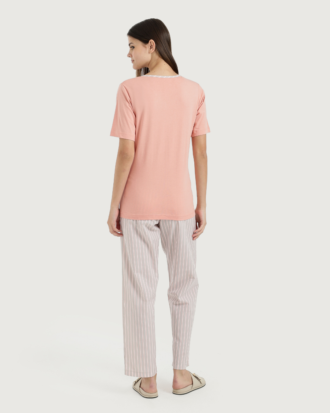 Women's half-sleeved pajamas with embroidery and fabric trousers
