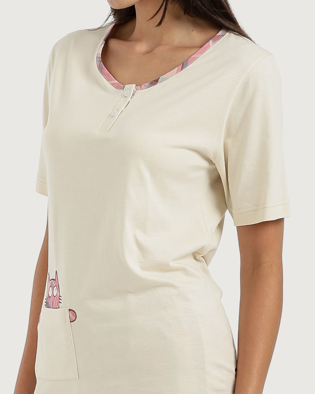Women's half-sleeved pajamas with embroidery and fabric trousers