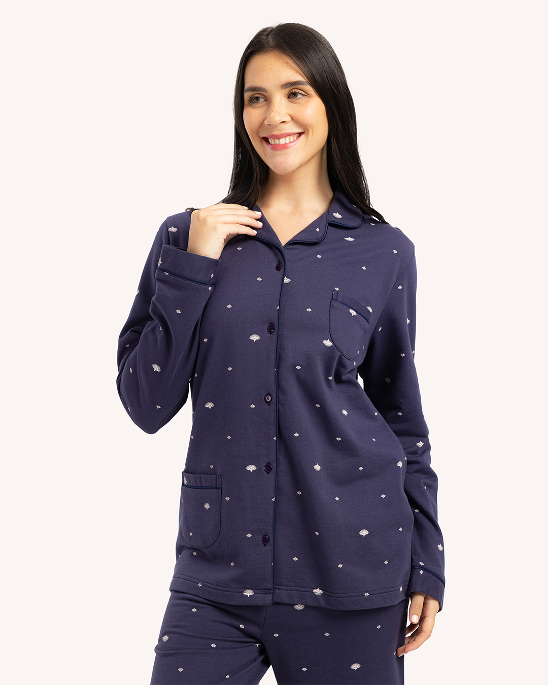 بيجاما حريمى مطبوعة بكم طويل جاكيت بزراير مع بنطلون