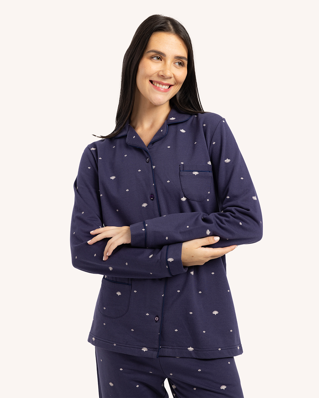 بيجاما حريمى مطبوعة بكم طويل جاكيت بزراير مع بنطلون