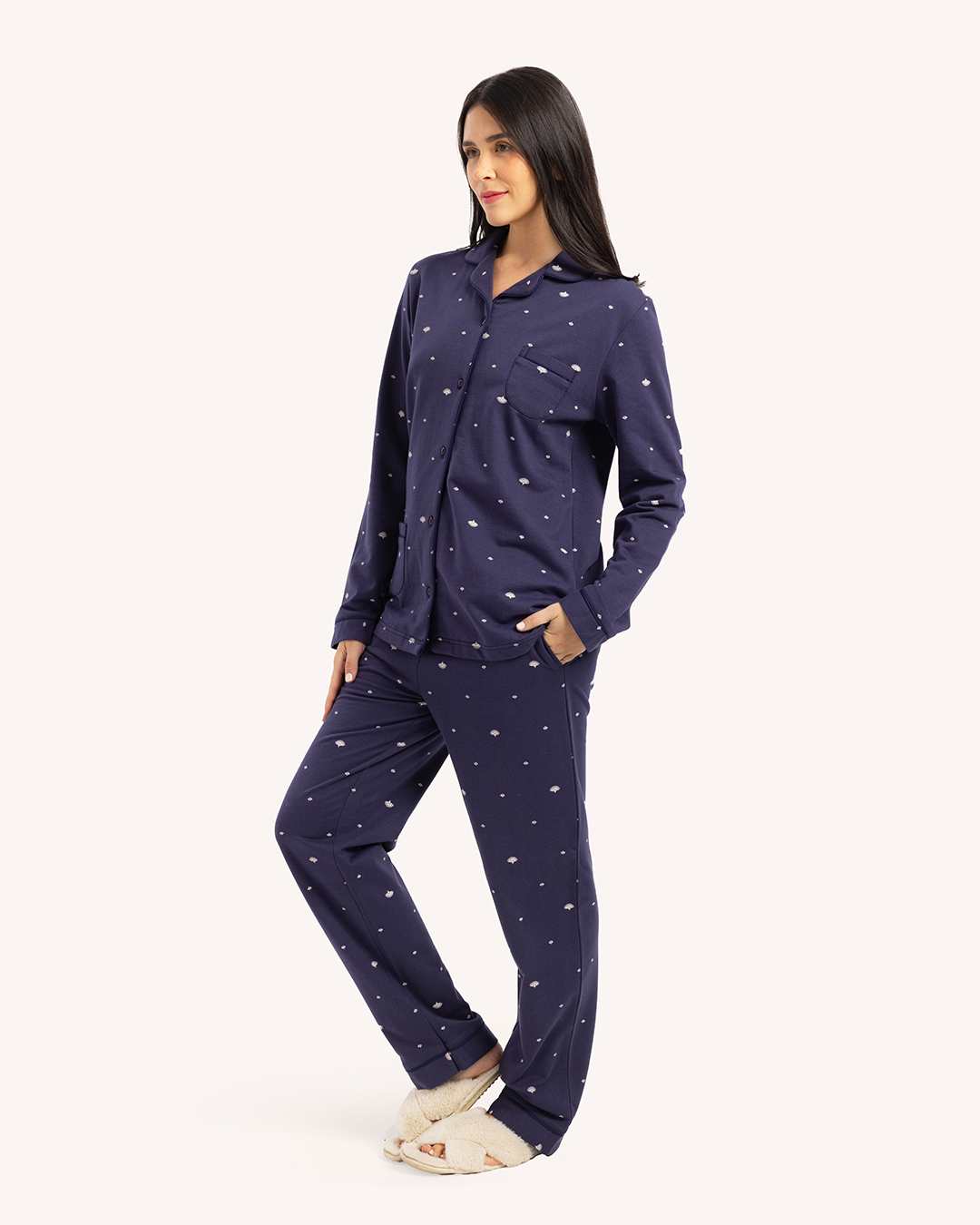 بيجاما حريمى مطبوعة بكم طويل جاكيت بزراير مع بنطلون