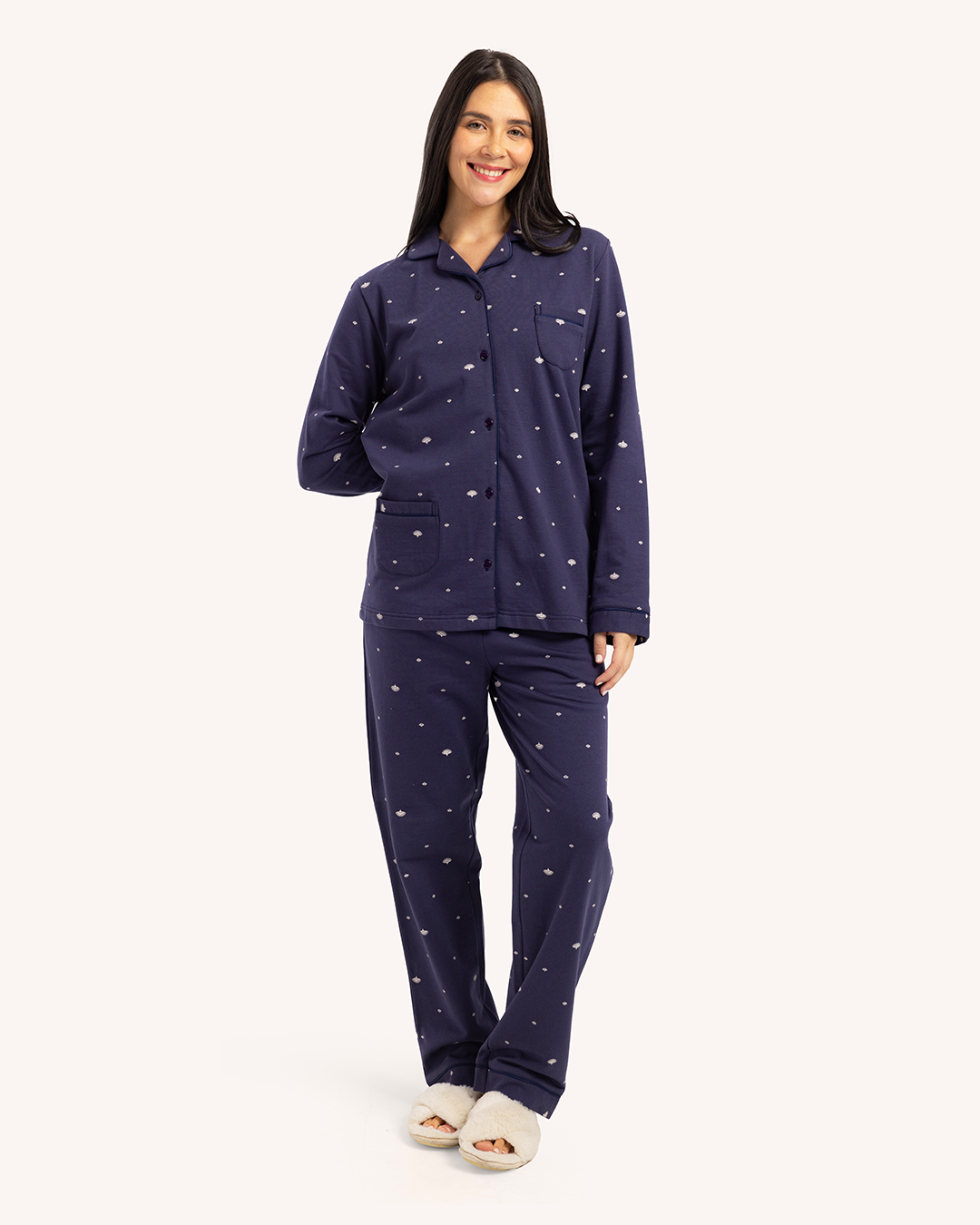 بيجاما حريمى مطبوعة بكم طويل جاكيت بزراير مع بنطلون