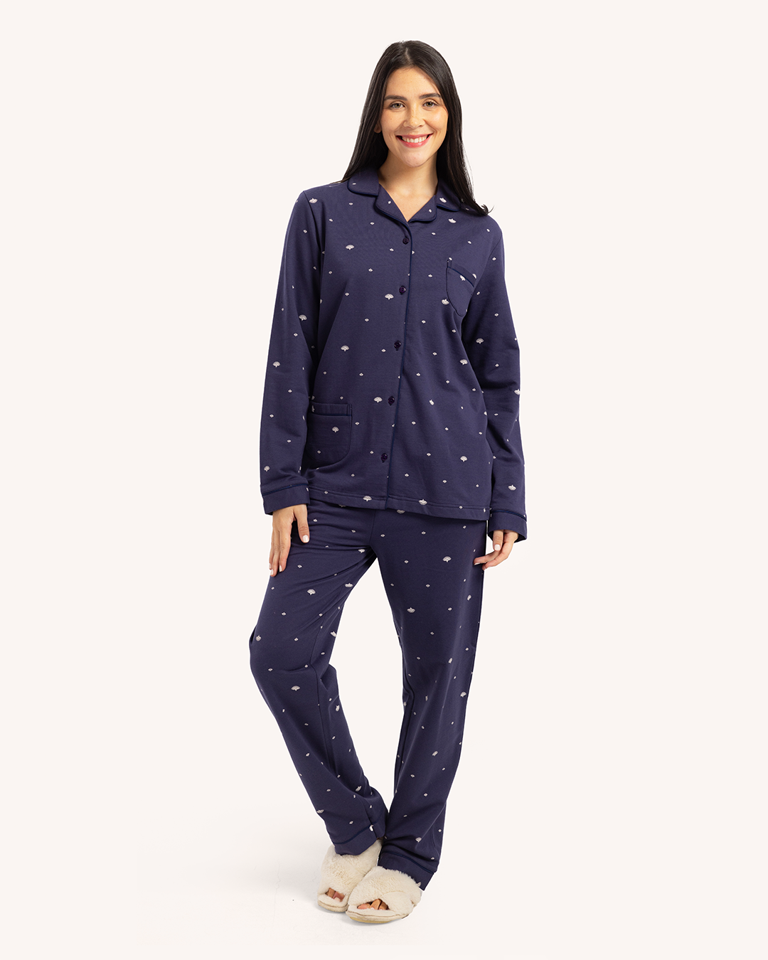 بيجاما حريمى مطبوعة بكم طويل جاكيت بزراير مع بنطلون