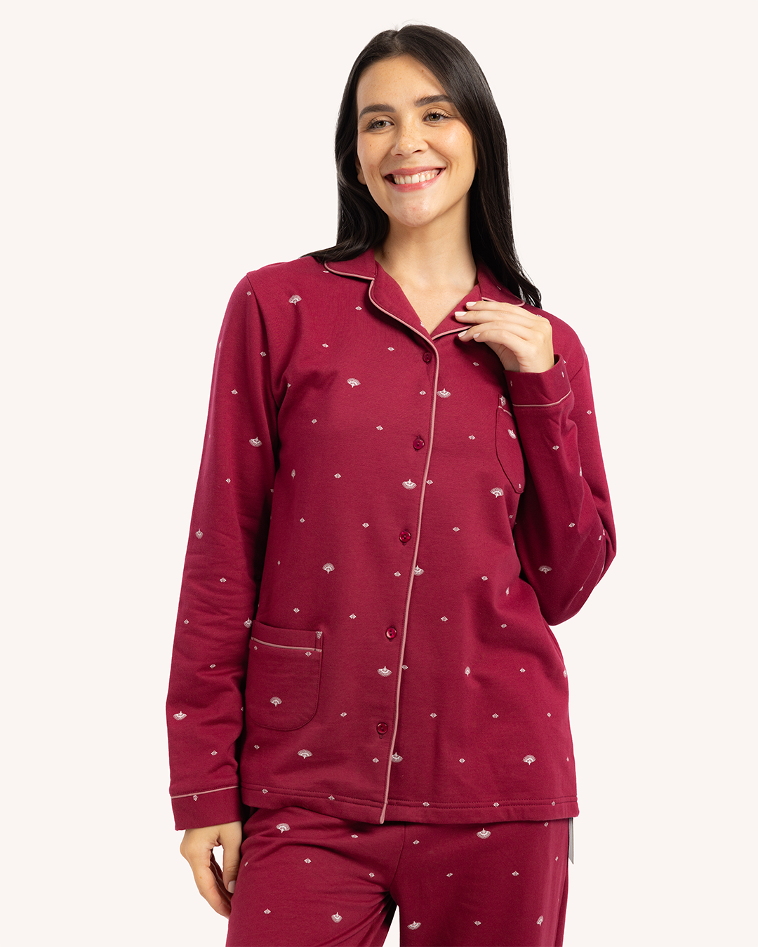 بيجاما حريمى مطبوعة بكم طويل جاكيت بزراير مع بنطلون