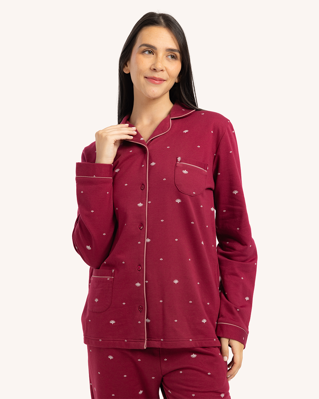 بيجاما حريمى مطبوعة بكم طويل جاكيت بزراير مع بنطلون