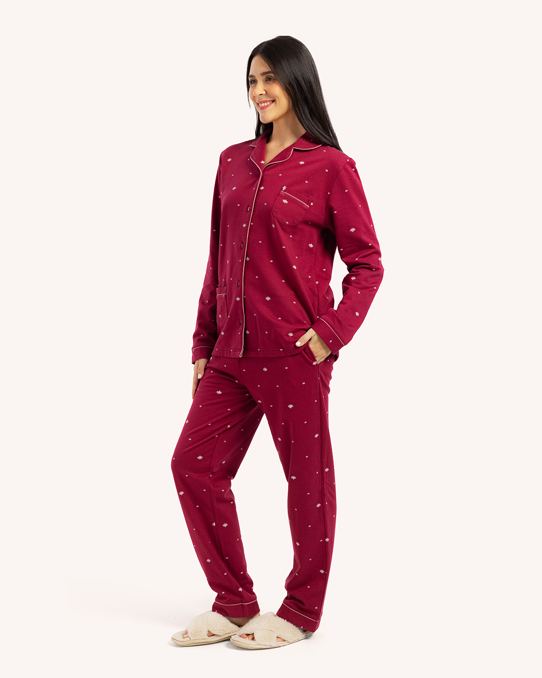 بيجاما حريمى مطبوعة بكم طويل جاكيت بزراير مع بنطلون