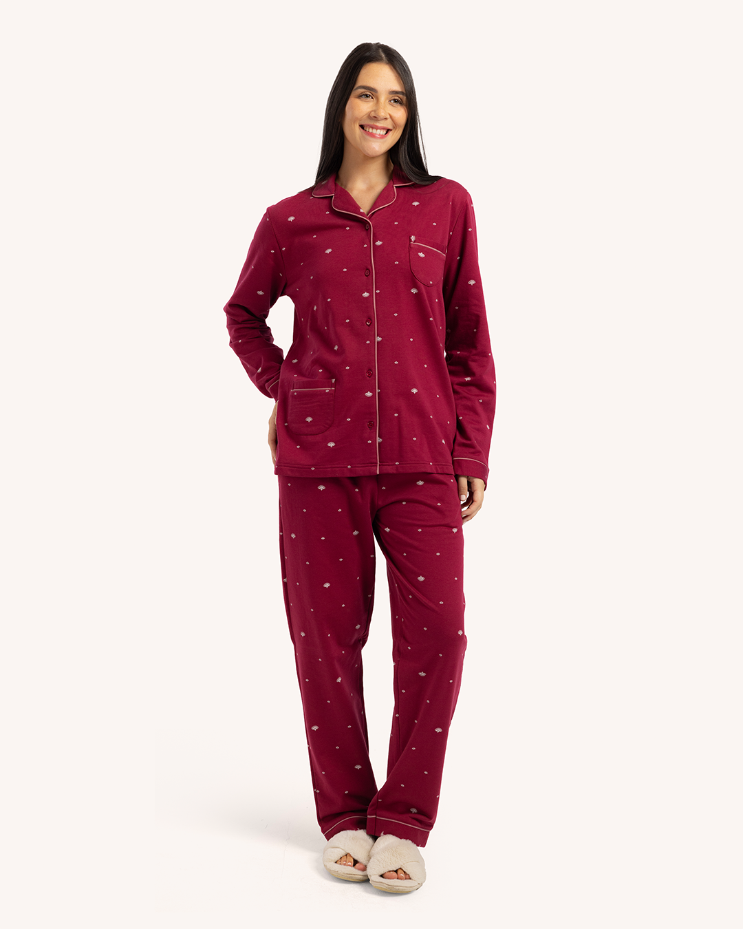 بيجاما حريمى مطبوعة بكم طويل جاكيت بزراير مع بنطلون