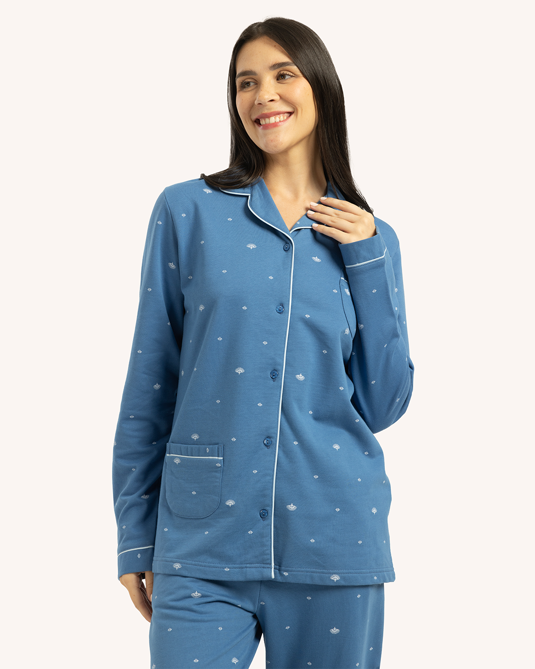 بيجاما حريمى مطبوعة بكم طويل جاكيت بزراير مع بنطلون